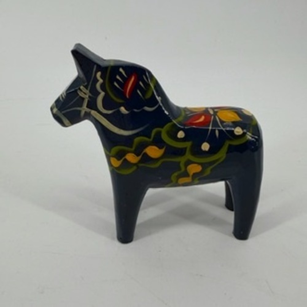 Nils Olsson Swedish Dala Horse Navy Blue Hand Painted Wood Figurine 4 inch